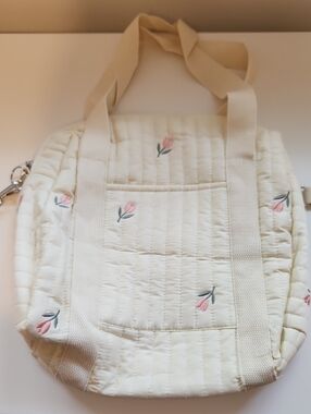Cream Quilted Tote Bag with Pink Tulip Embroidery